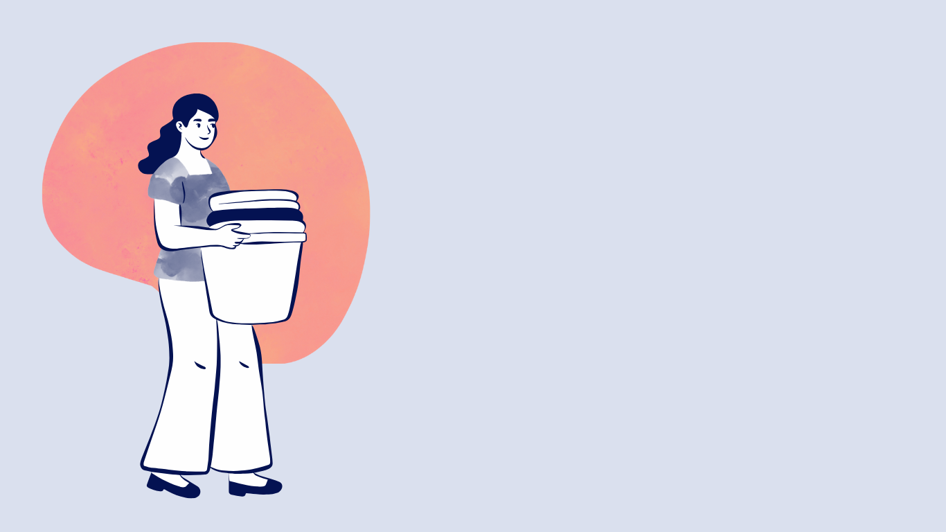 Illustration of a woman holding a laundry basket with folded clothes, standing against a pink and purple watercolor background.
