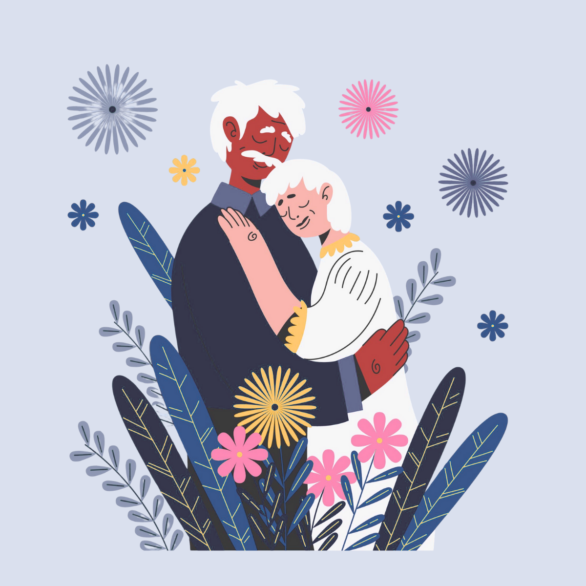 An illustration of two people hugging, surrounded by colorful flowers and leaves, with a light blue background.