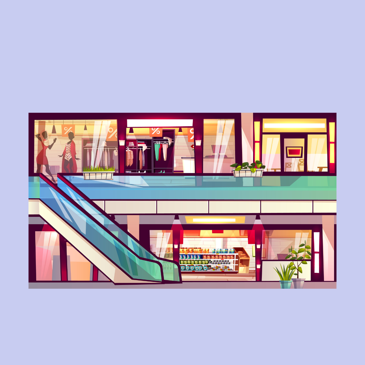 A multi story shopping mall with two levels, featuring a clothing store on the upper floor, an escalator, and a convenience store on the lower floor, decorated with plants and illuminated with bright lights.