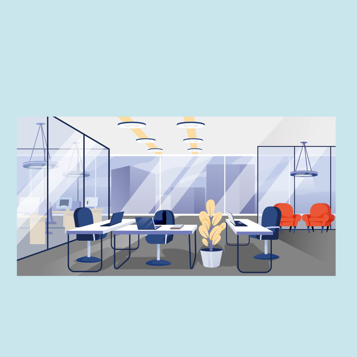 Modern office with glass partitions, white desks with laptops, blue chairs, a potted plant, and red seating area with two chairs.