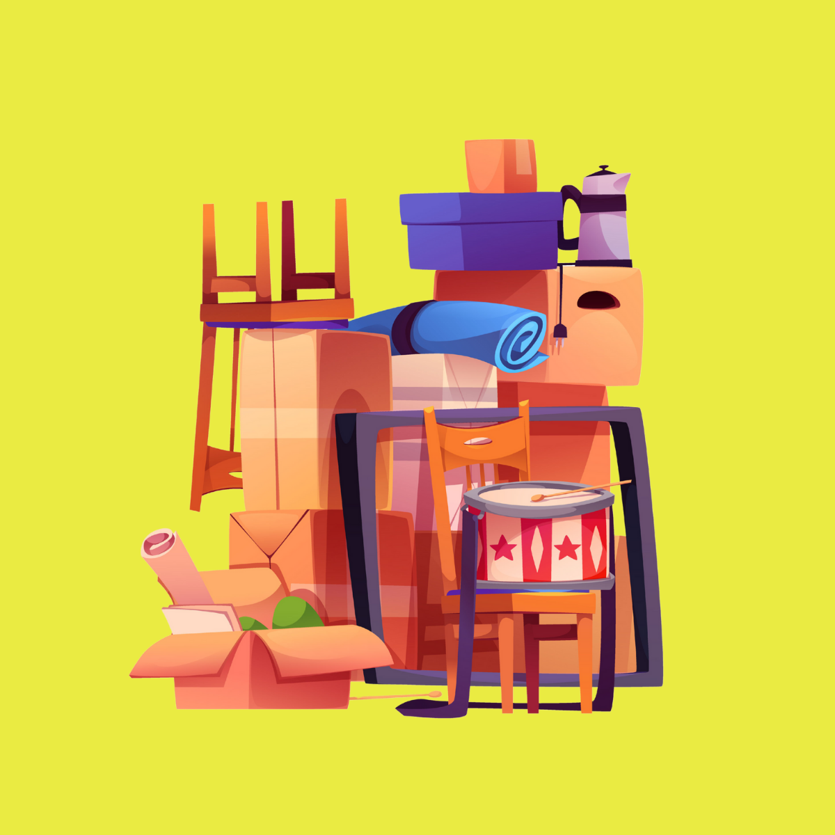 Stack of packed moving boxes, furniture, and household items against a yellow background, ready for relocation.