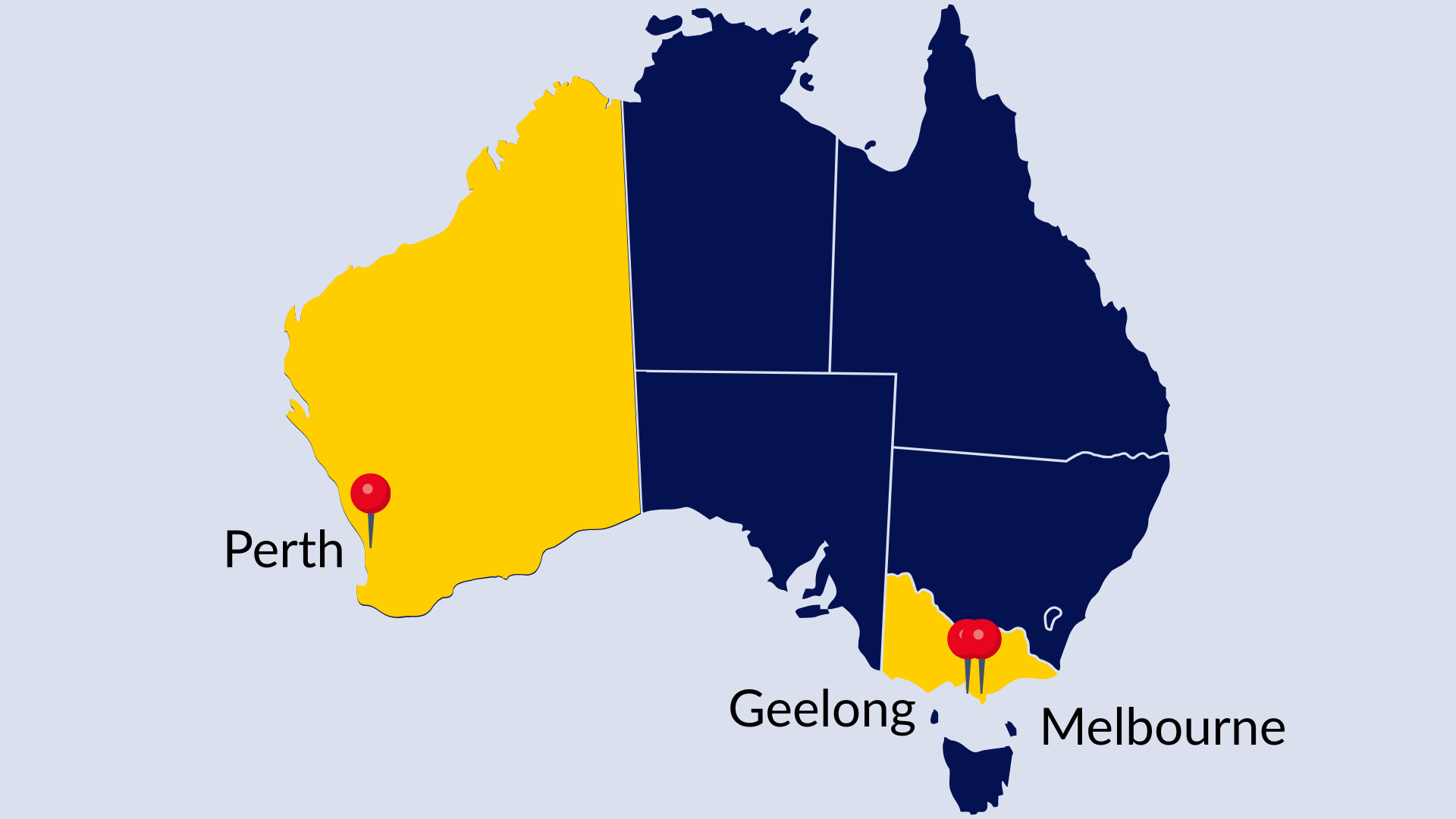 Map of Australia highlighting the states of Western Australia, Victoria, and Tasmania in yellow, with red markers on Perth, Melbourne, and Geelong. The rest of the states are colored dark blue.