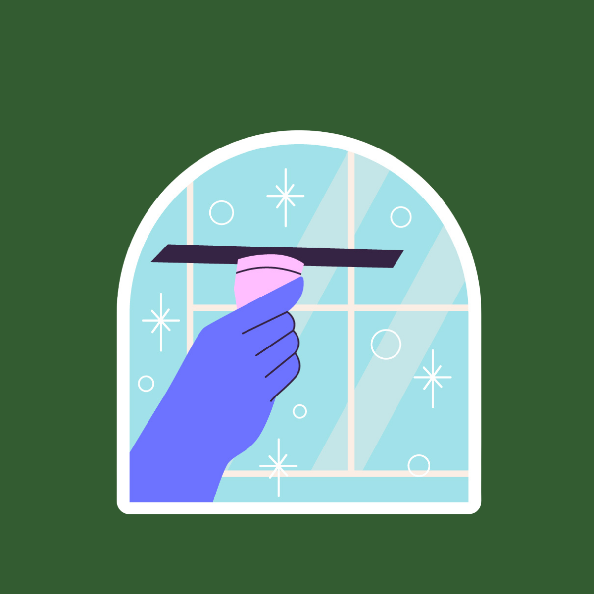 A person cleaning a window with a squeegee, viewed from inside a house during winter, with snowflakes outside the window.