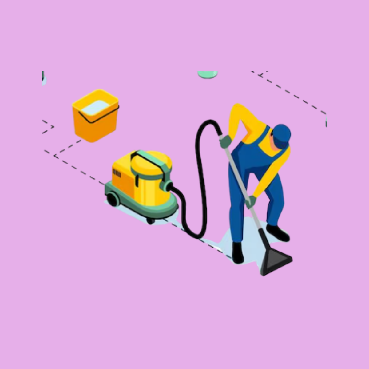 A worker cleaning a floor with a vacuum cleaner and a mop on a purple background.