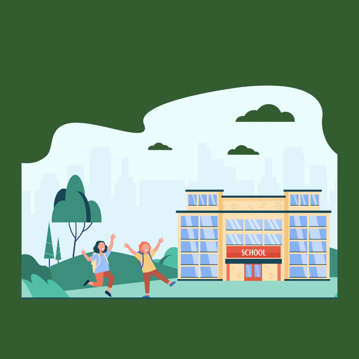 Illustration of two children jumping joyfully in front of a school building with a city skyline in the background, green trees, and cloudy sky.