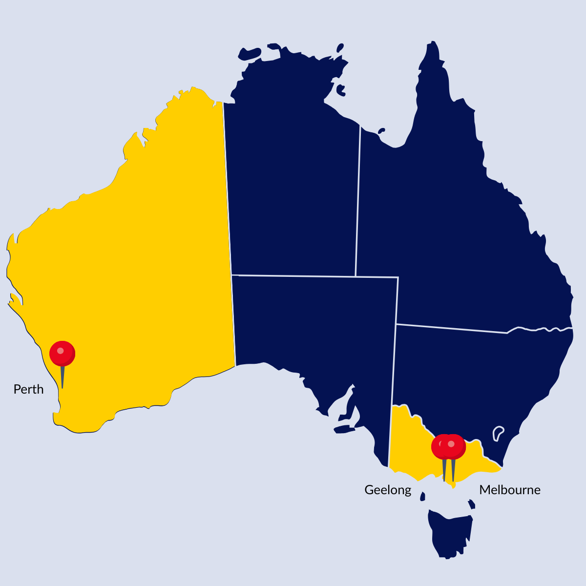Map of Australia with Western Australia and Victoria marked with red pins, and Perth, Geelong, and Melbourne labeled.