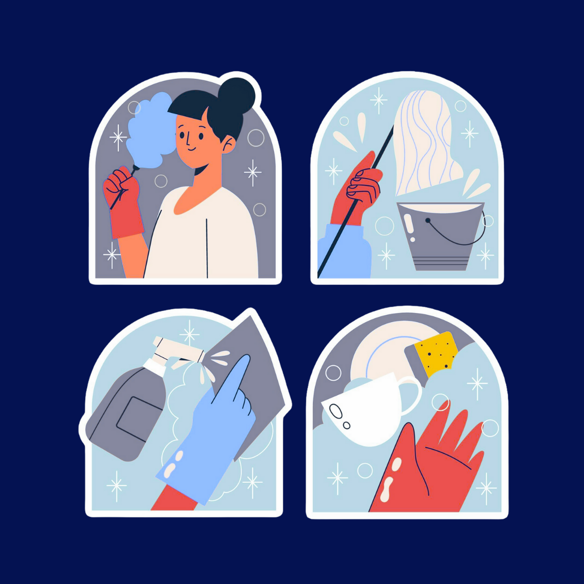Illustration of a person cleaning and disinfecting surfaces and objects, including a window and common household items like a face mask, a sponge, and cleaning spray.