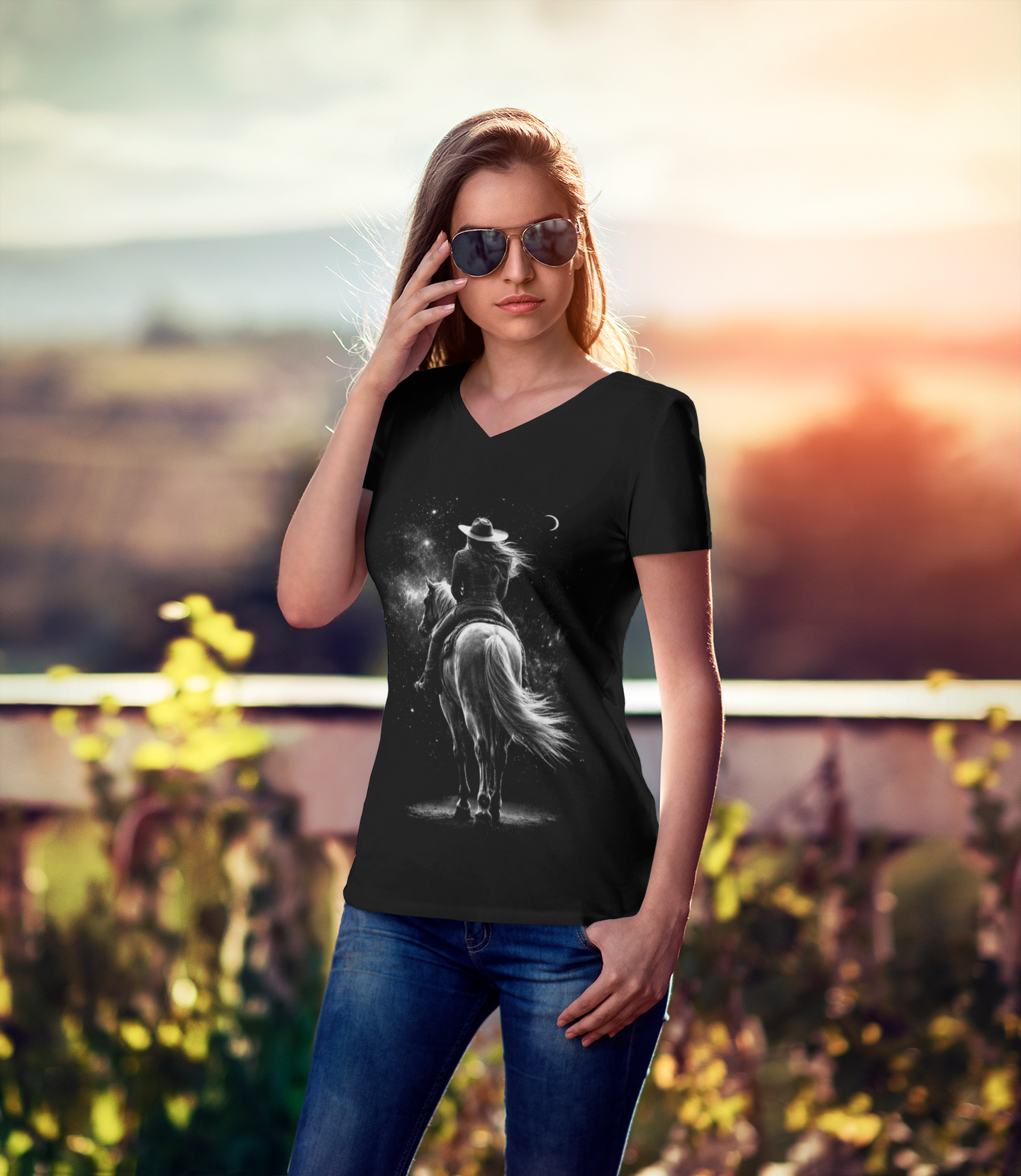 Country Charm Horse riding V-Neck Ladies Tee