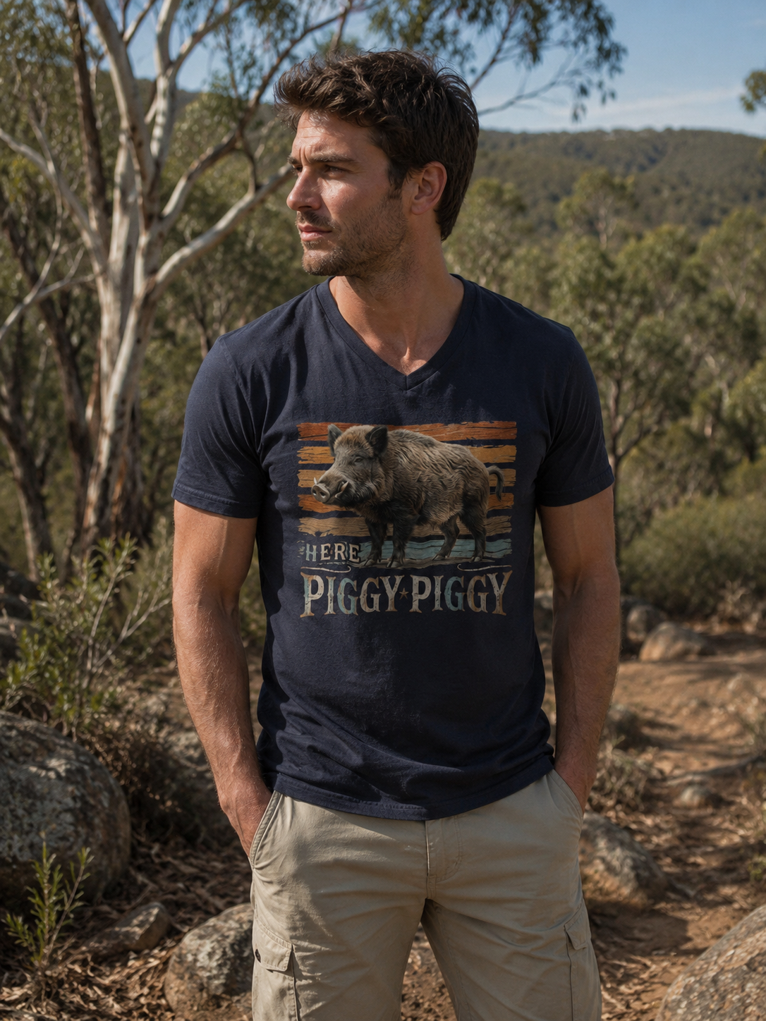 Midnight Blue Piggy Graphic V-neck Tee