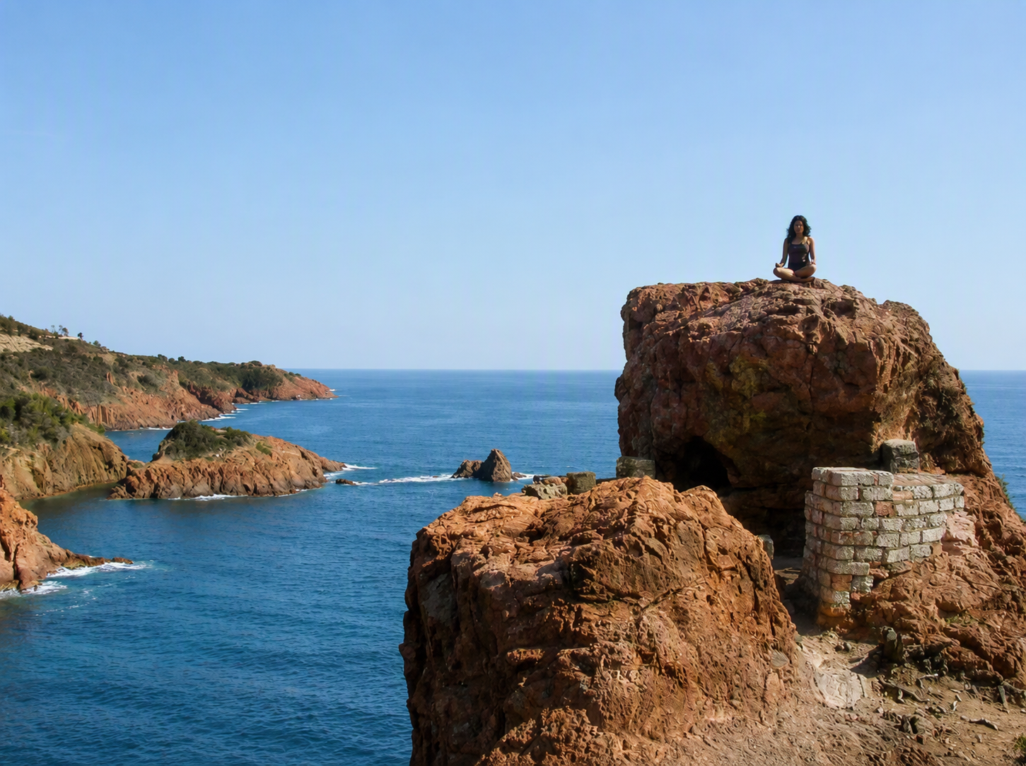 Rosalie Maduro meditating on a rocky cliff above the coast in France.
