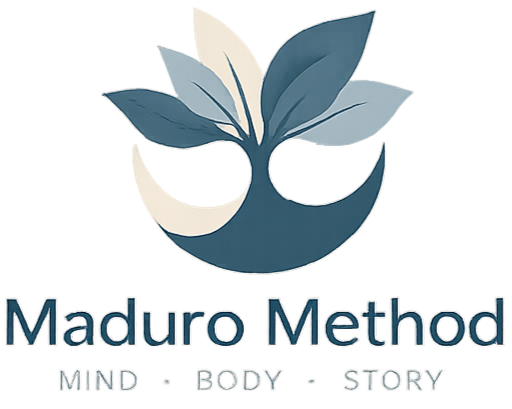 Logo of Maduro Method featuring a stylized leaf and moon design with the text 'Maduro Method' and the tagline 'MIND BODY STORY'.