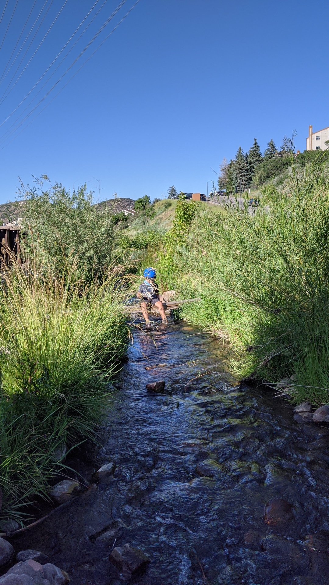 Child sitting quietly beside a stream representing nervous system settling in somatic trauma therapy with Rosalie Maduro LMFT ACMHC serving Los Angeles San Francisco and Park City