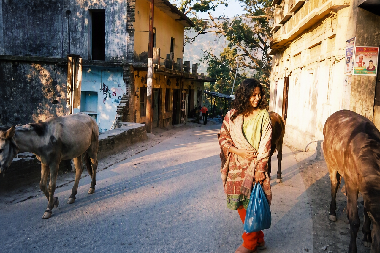 Rosalie Maduro walking along a rural road with cattle in India
