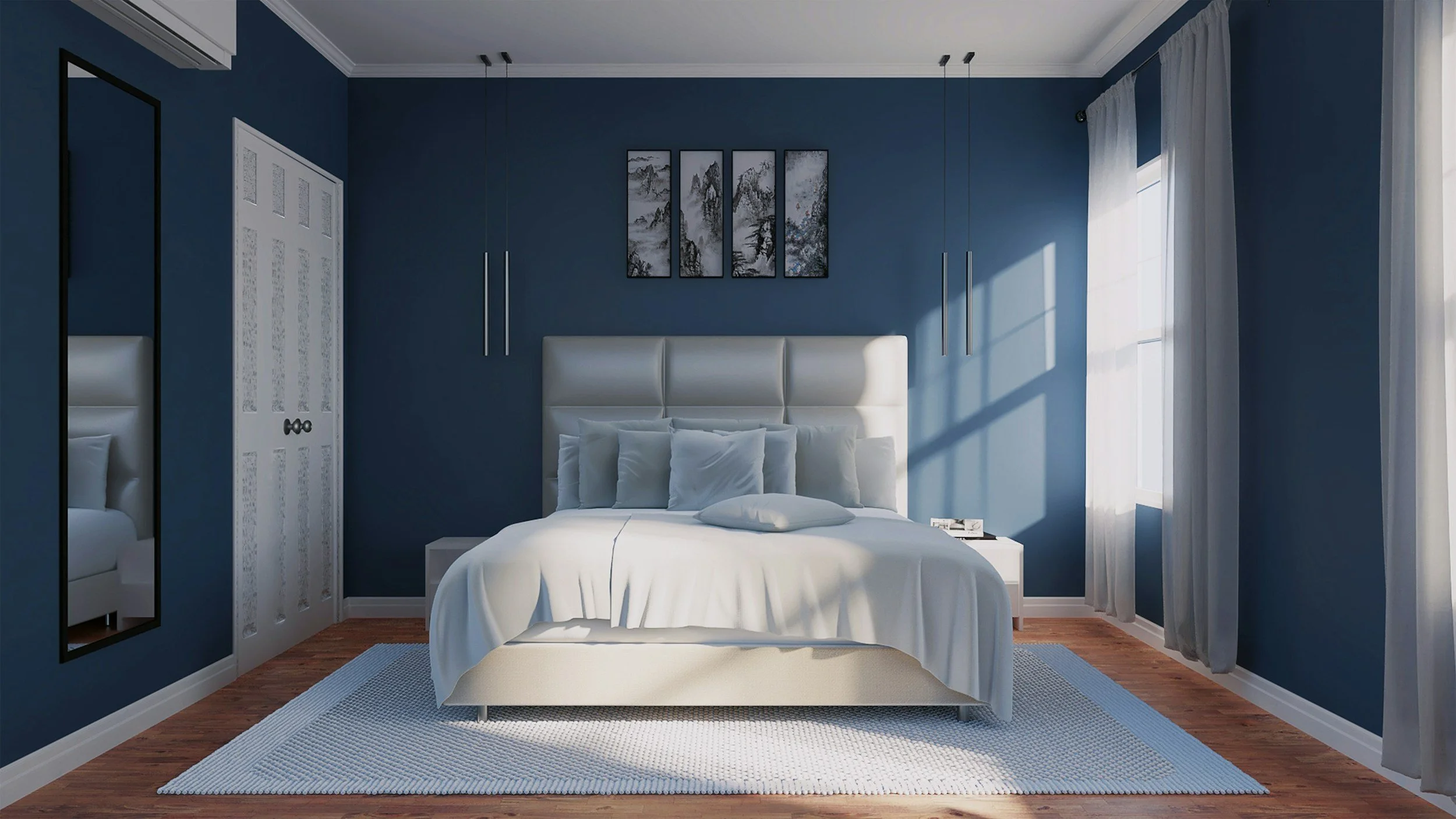Professional bedroom interior painting with blue accent wall in Chicago