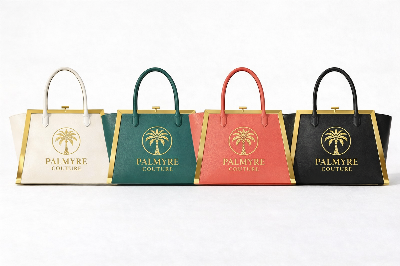 Four stylish handbags in white, green, pink, and black with gold accents and palm tree logo