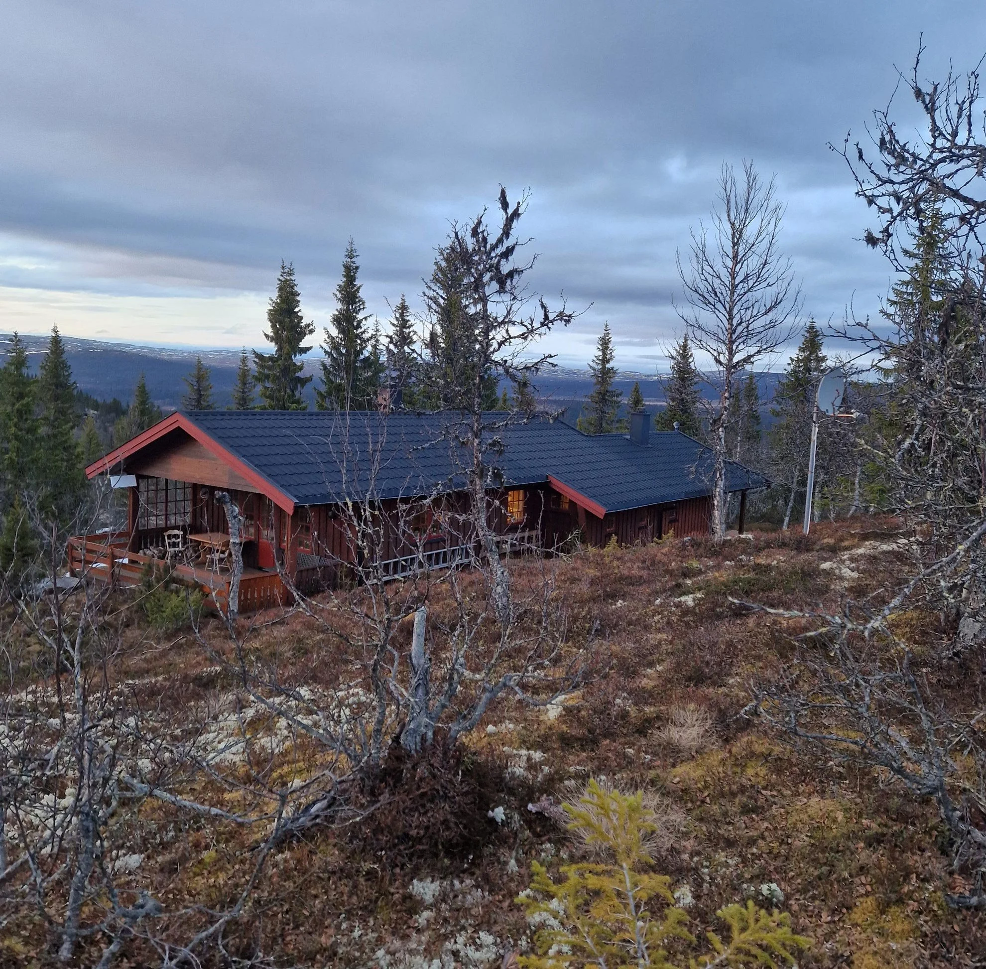 A wooden cabin with a black roof surrounded by sparse trees on a hilly landscape during overcast weather, overlooking distant mountains.