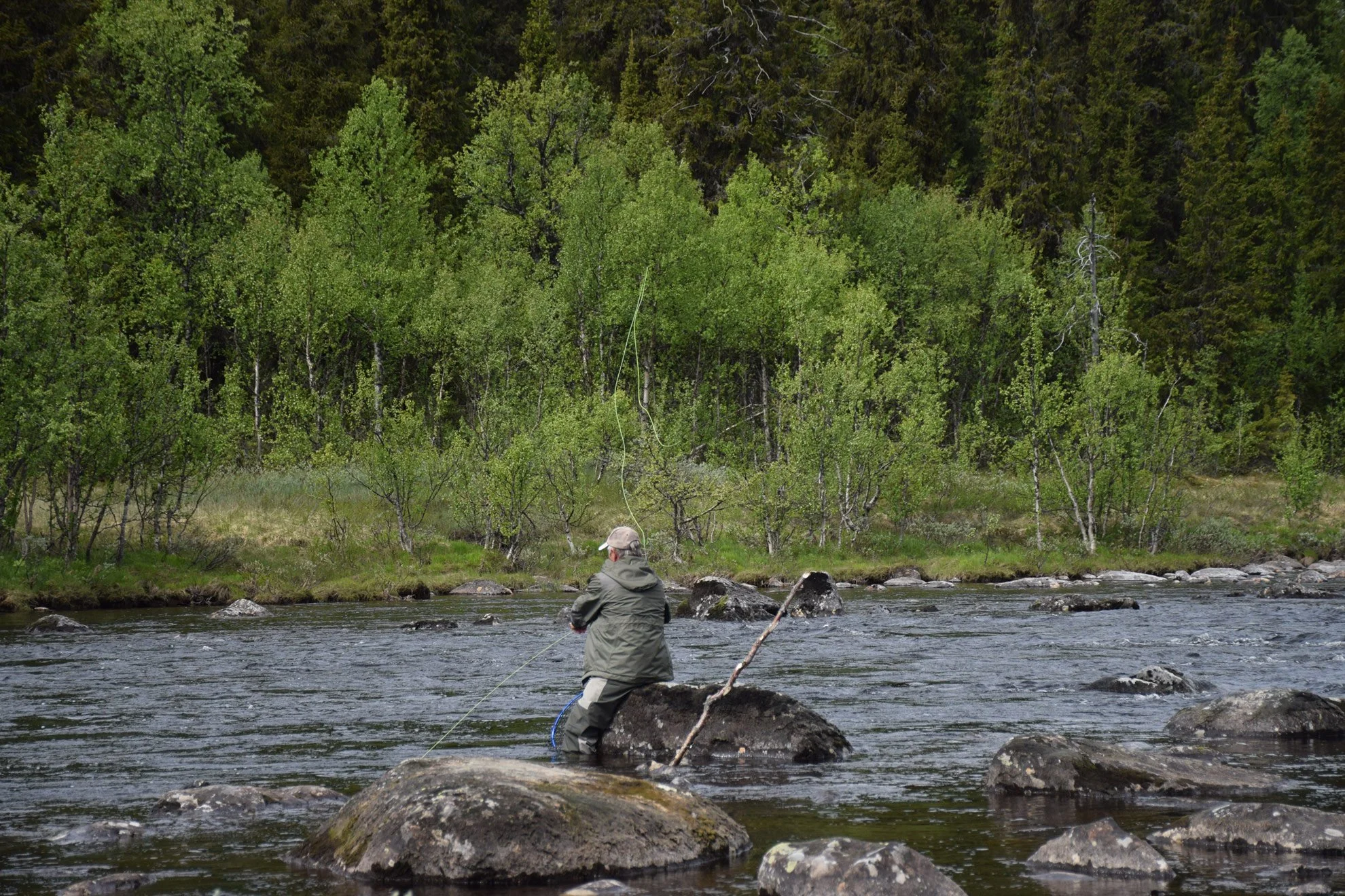 A person fishing in a river surrounded by lush green trees and rocks.
