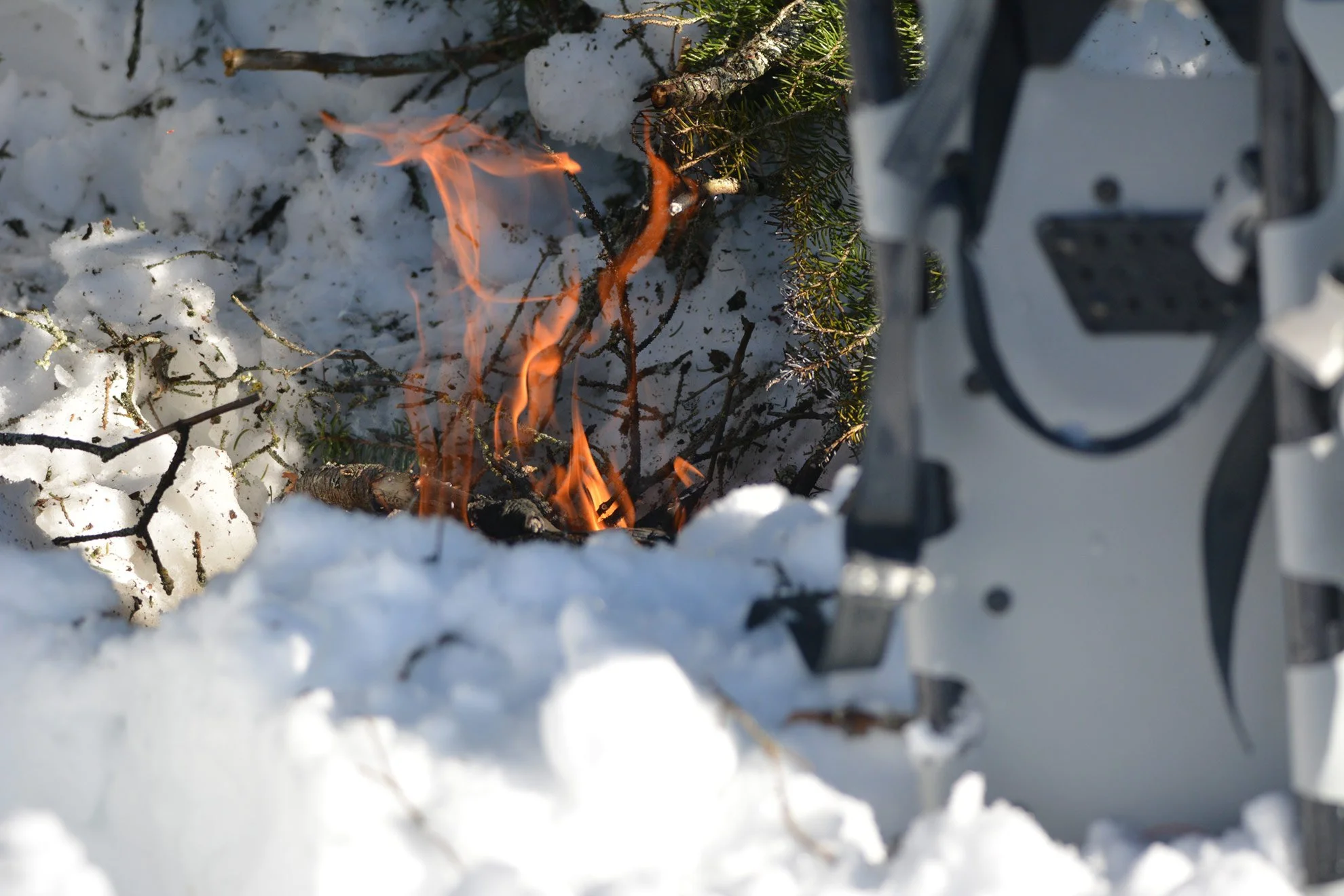 A small bonfire burning among snow and pine branches, and snowshoes.