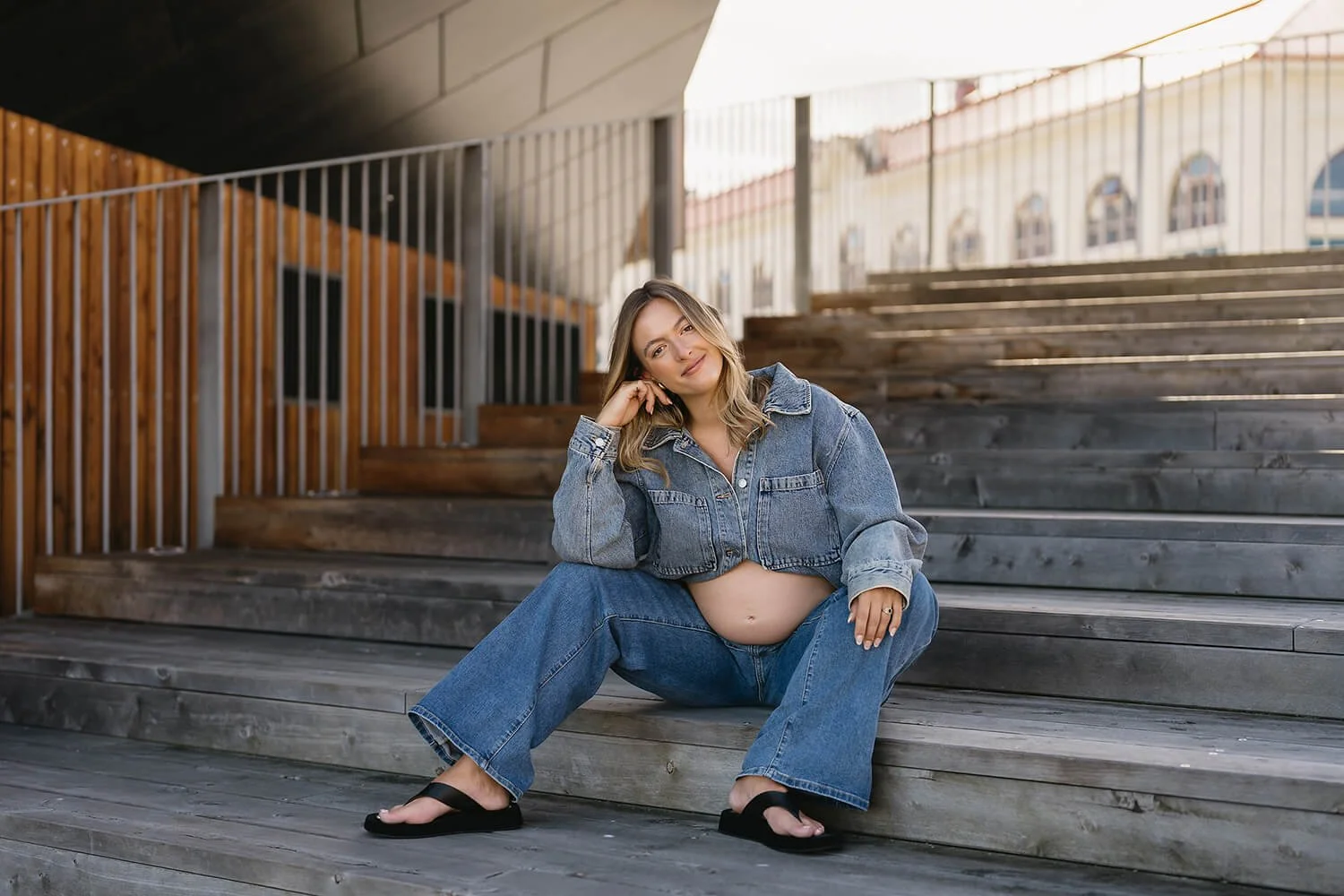 Natural pregnancy photoshoot at Hobart waterfront at golden hour