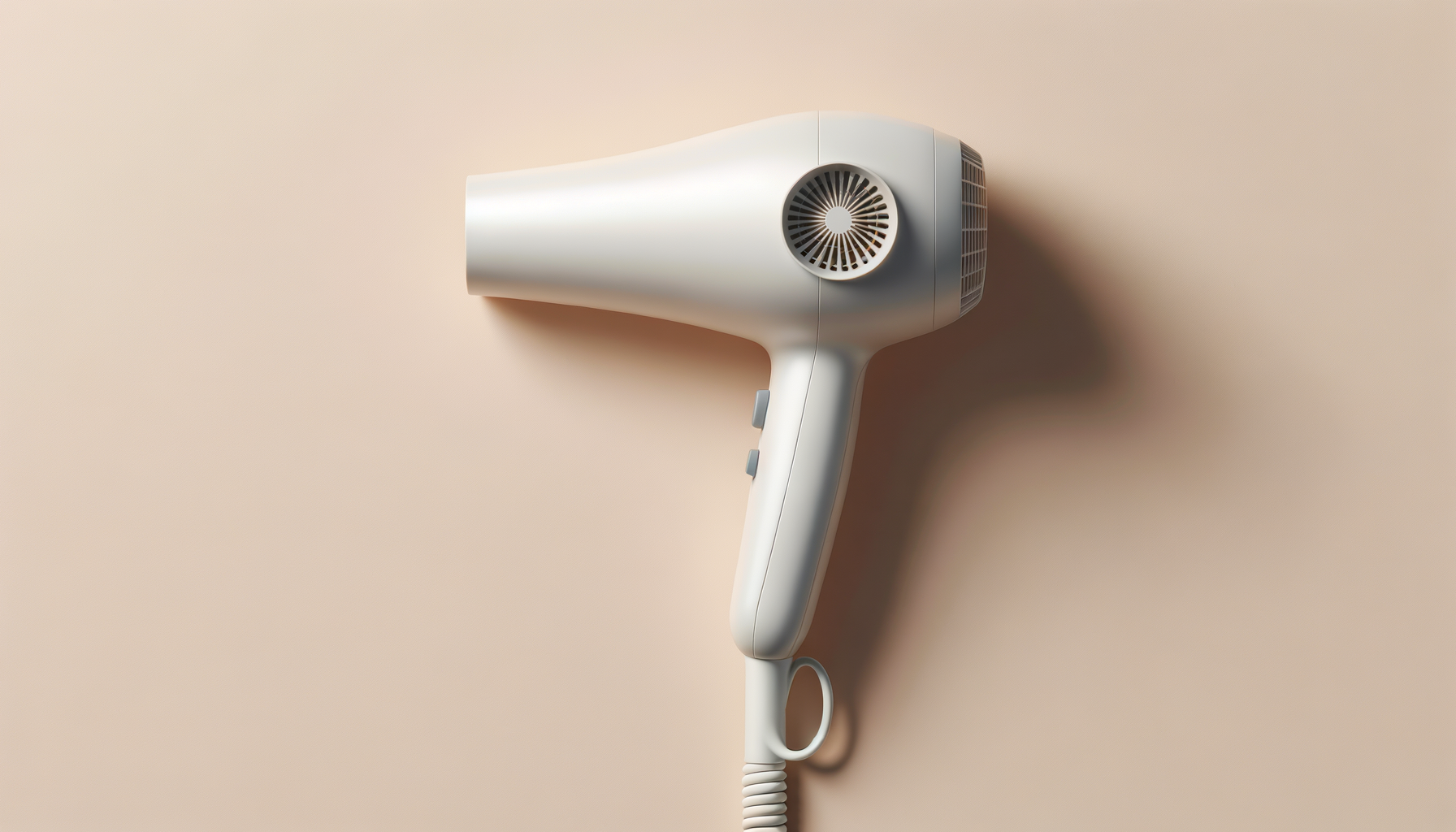 White hairdryer mounted on a light beige wall.