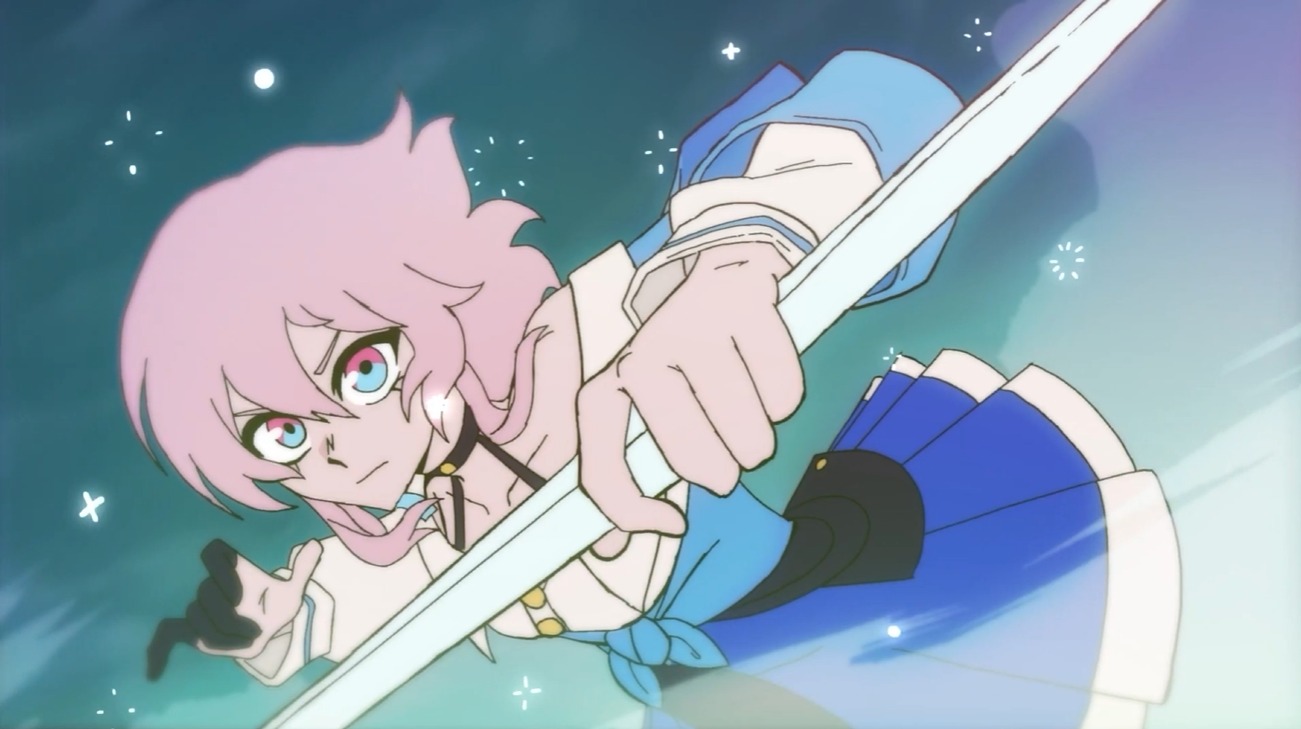 Anime character with pink hair and blue eyes holding a sword, in a dynamic pose with a starry background.