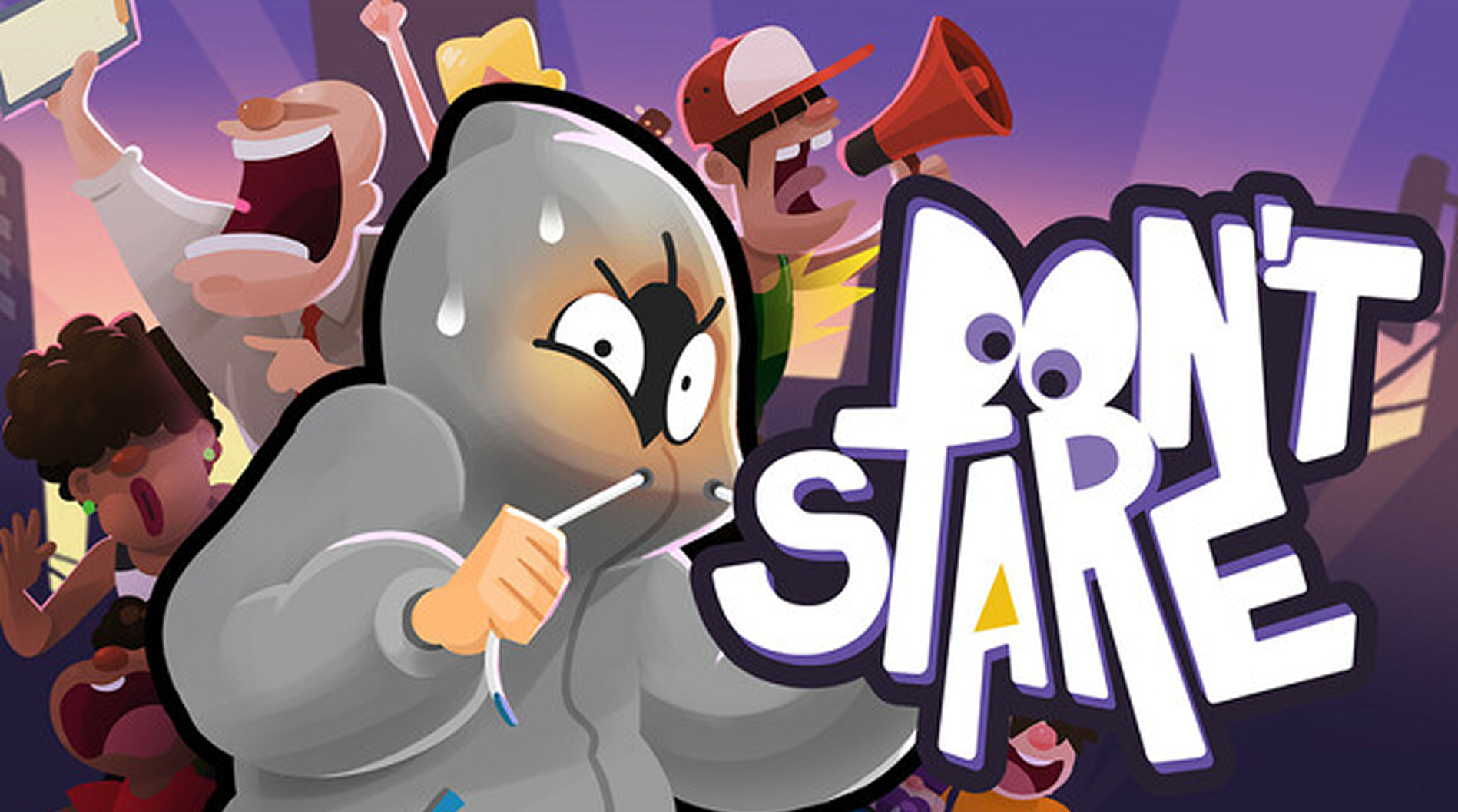 A nervous and stressed cartoon character pulling their hoodie strands in the foreground and a crowd of cartoon characters screaming in the background with a large text that reads 'Don't Stare' in a cityscape background.