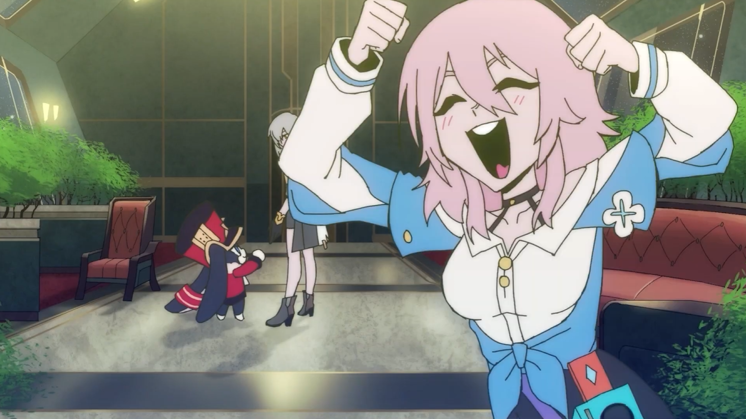 Anime-style characters in a lively scene, with a smiling pink-haired girl in the foreground raising her arms in excitement, and two other characters in the background, one with gray hair and glasses, the other with a military hat and dark clothing, inside a modern, well-lit room with large windows and greenery.