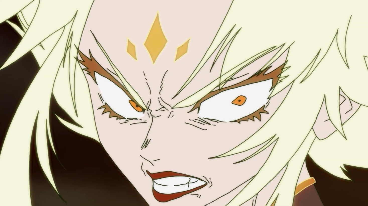 A close-up animated character with intense eyes and blonde hair, showing a fierce expression.