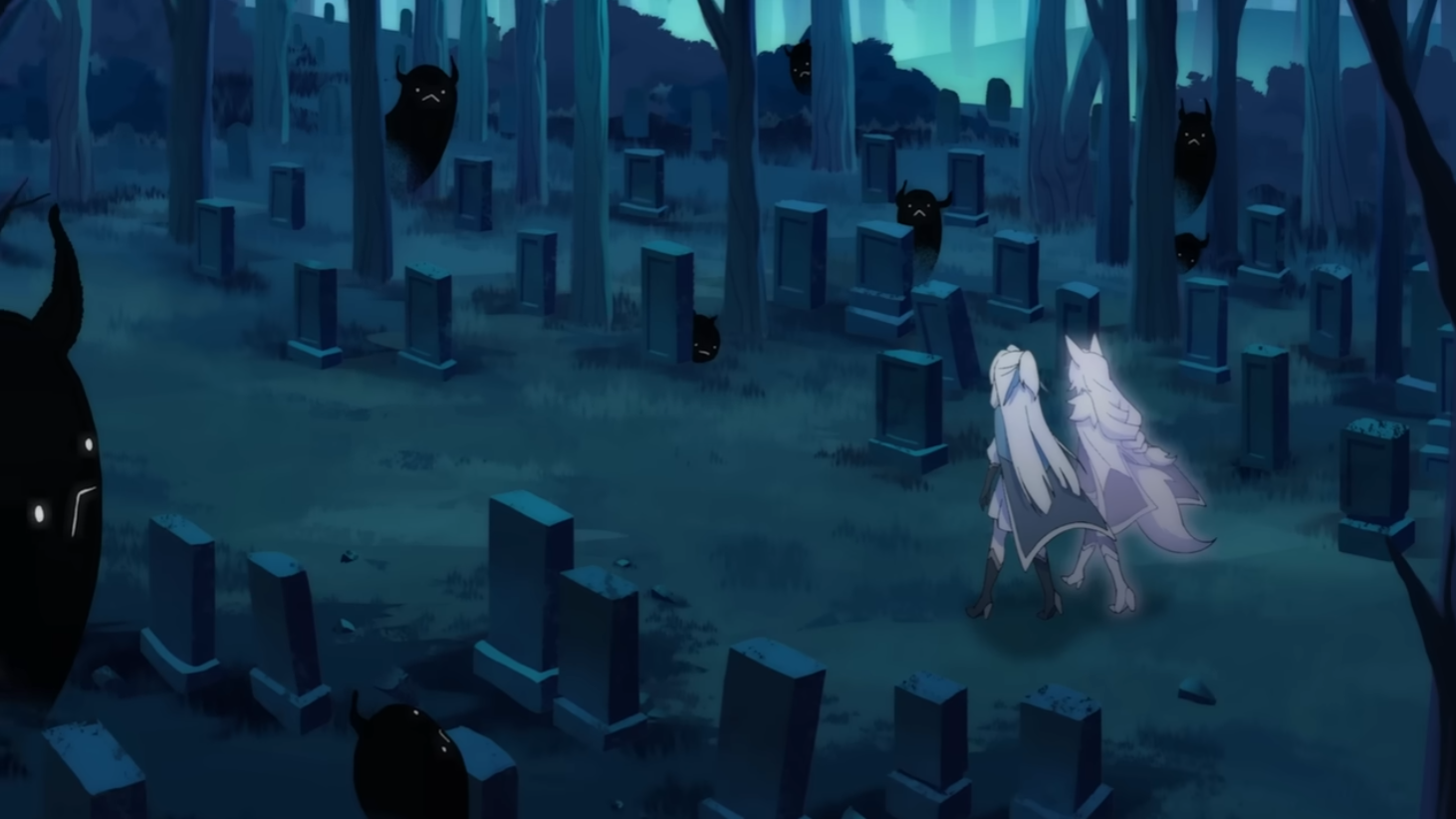 Two fantasy characters, a human and a wolf creature, walk together through a dark, eerie graveyard surrounded by menacing shadowy monsters with glowing eyes.