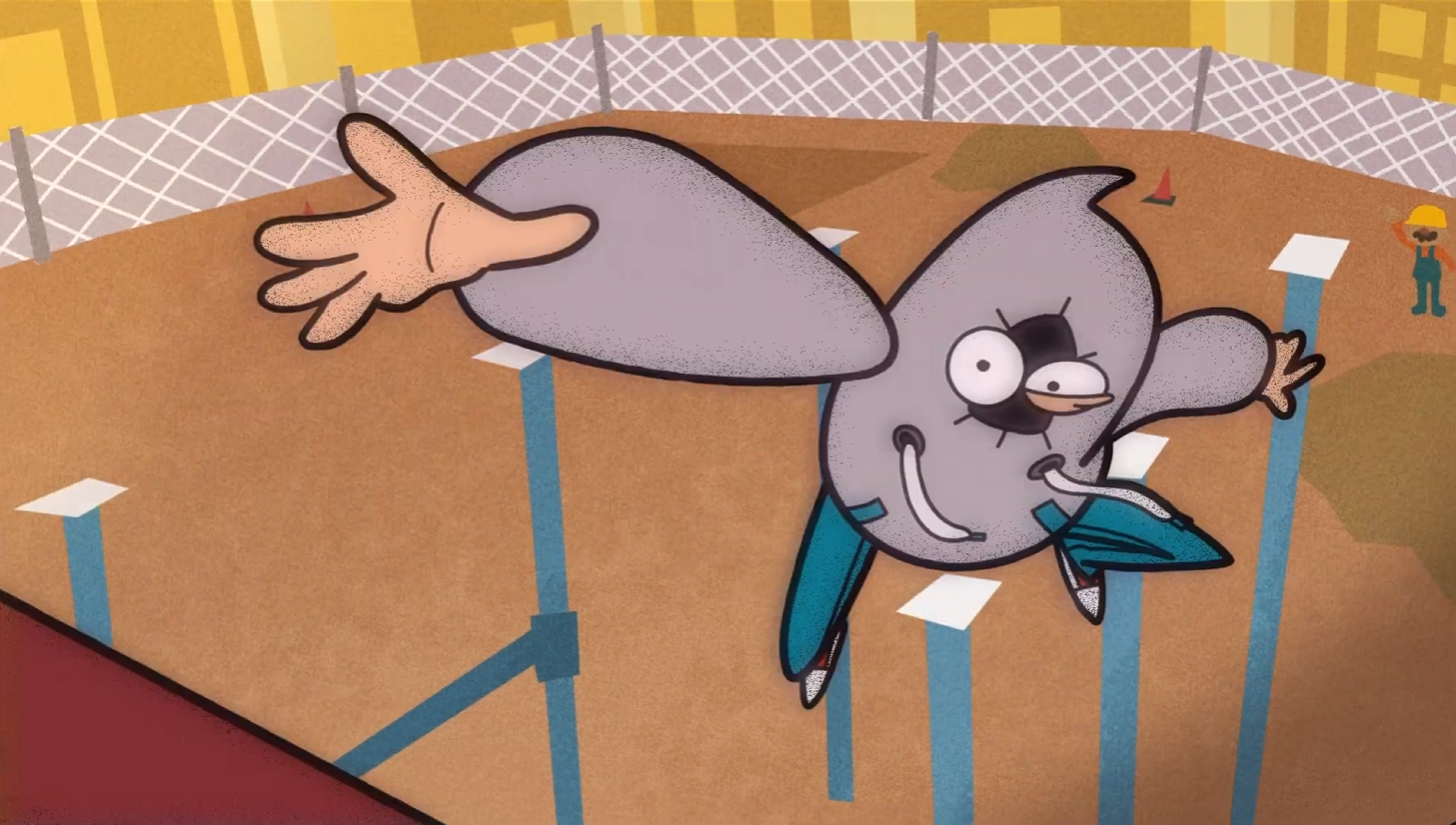 Animated mouse character with exaggerated features, wearing blue pants, reaching out with one hand, inside a fenced area resembling a barn or sports field.