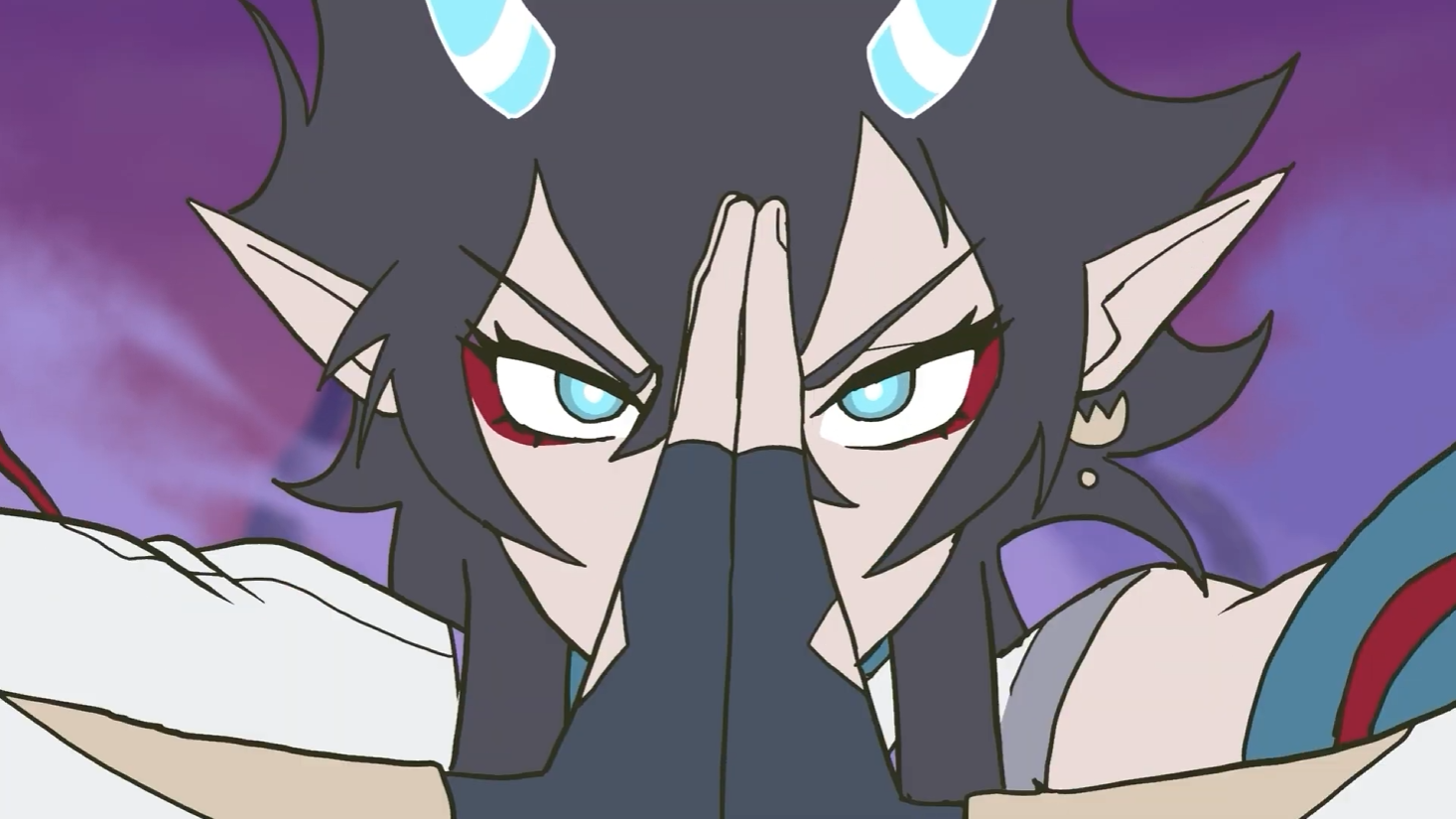 An animated character with blue eyes, dark spiky hair, elf-like ears, wearing a glove, with a purple background, holding their hands together in a prayer-like pose.