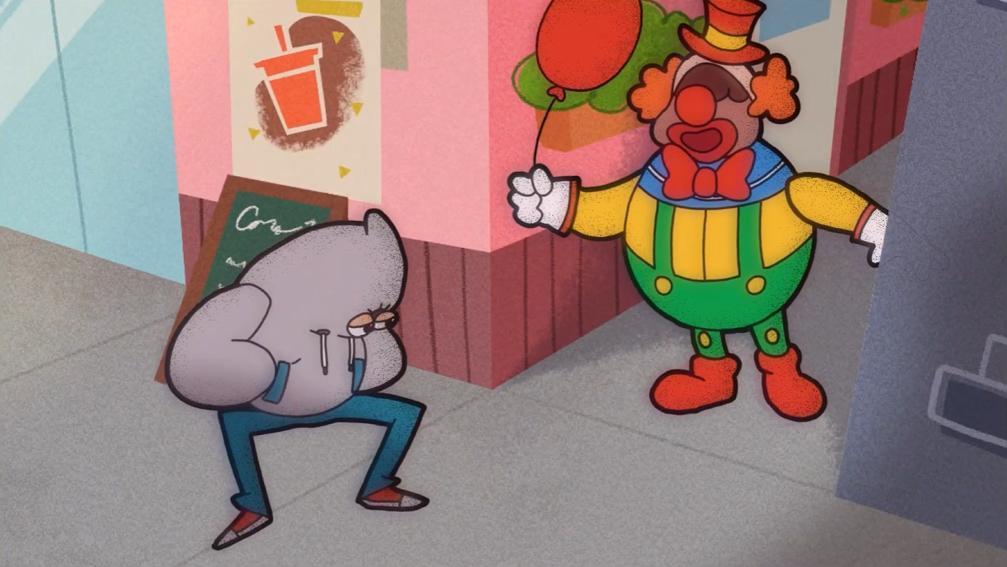 A cartoon clown with orange curly hair, a red nose, and colorful costume smiling and holding a balloon, talking to a crying cartoon character with gray skin and blue jeans outside a pink building with a drink sign. The clown is wearing a yellow hat with a red band, yellow shirt with blue collar and pants with green suspenders, and orange shoes.