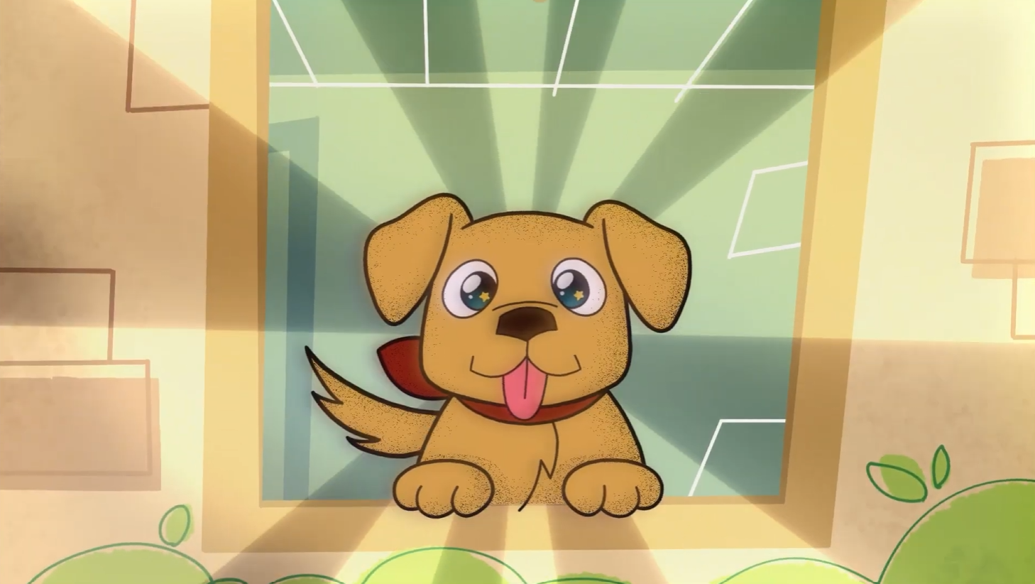 Cartoon of a cute puppy with big eyes, tongue out, behind a window, with sunlight shining through.