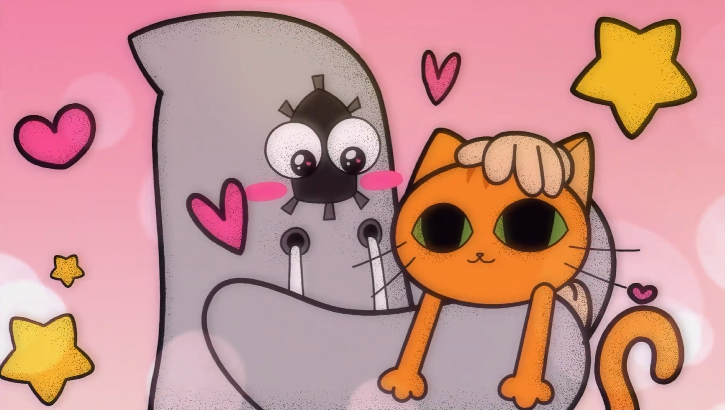 A cartoon illustration of a gray vacuum cleaner with big eyes and pink hearts, and an orange kitten with large black eyes and green highlights, with pink hearts and yellow stars in the background.