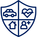 A shield divided into four quadrants with symbols representing a car, a heart with a check mark, a house, and a person.