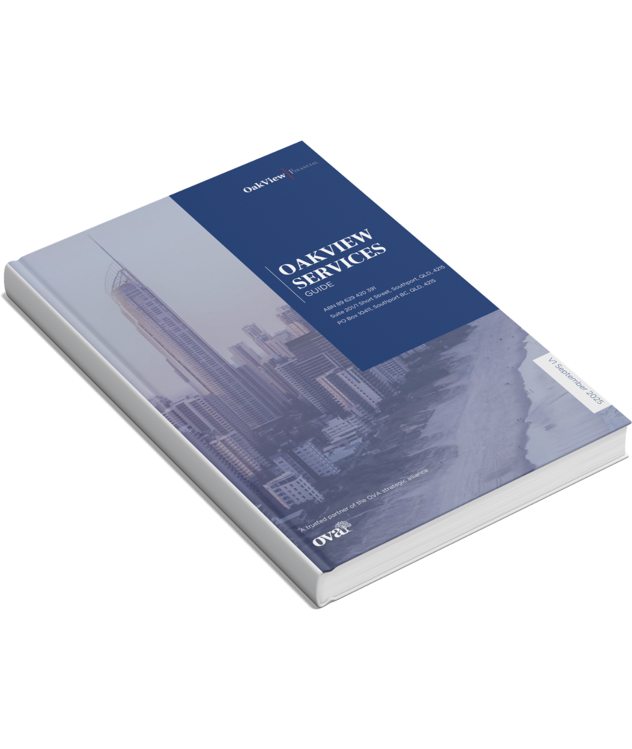 A printed booklet titled 'Oakview Services Guide' with a city skyline and beach scene on the cover, featuring tall buildings, a construction crane, and oceanwaves, dated September 2025.