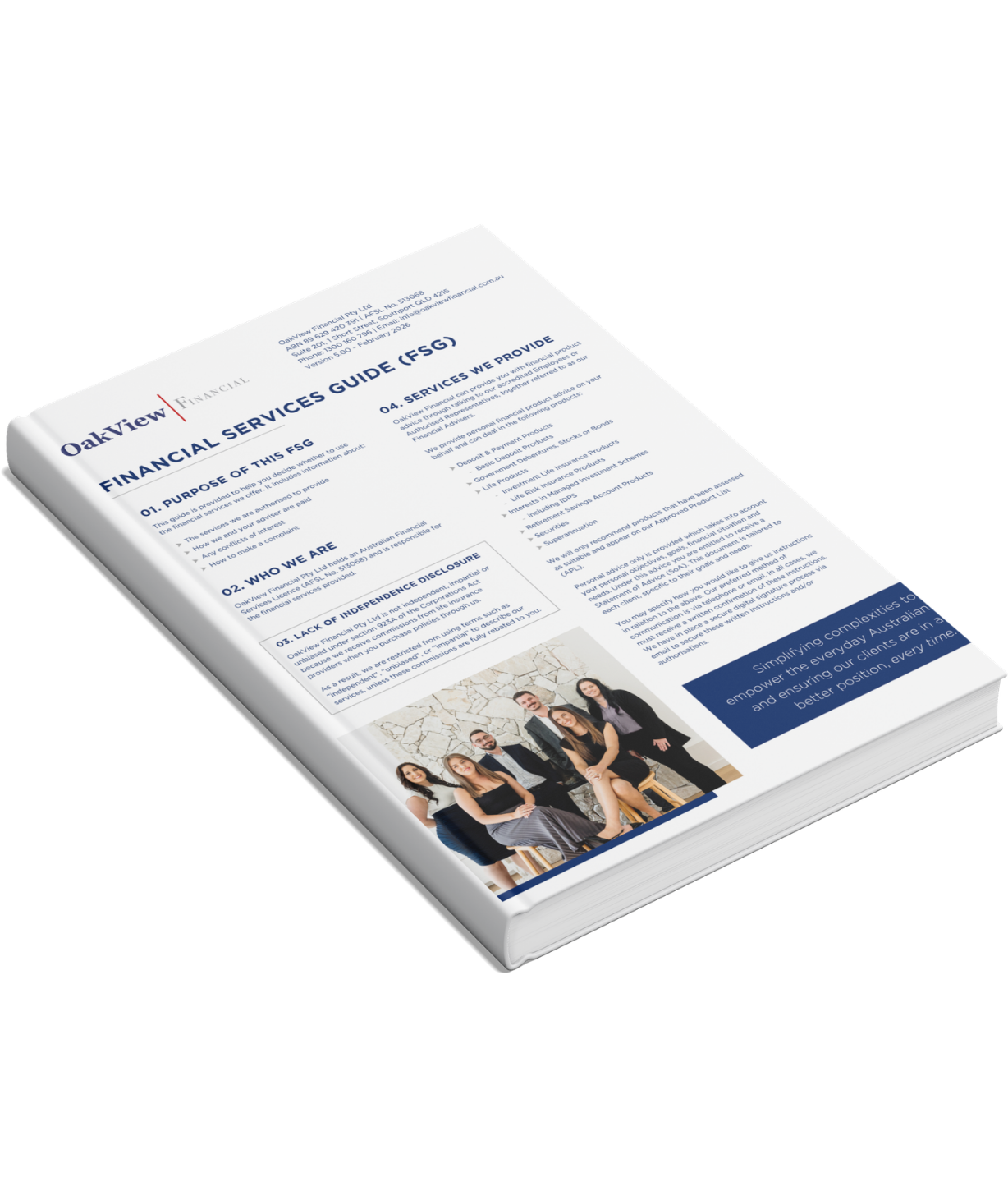Brochure titled 'Financial Services Guide (FSG)' from OakView Financial, with text sections and a group photo of six professionally dressed people sitting and standing in front of a stone wall.