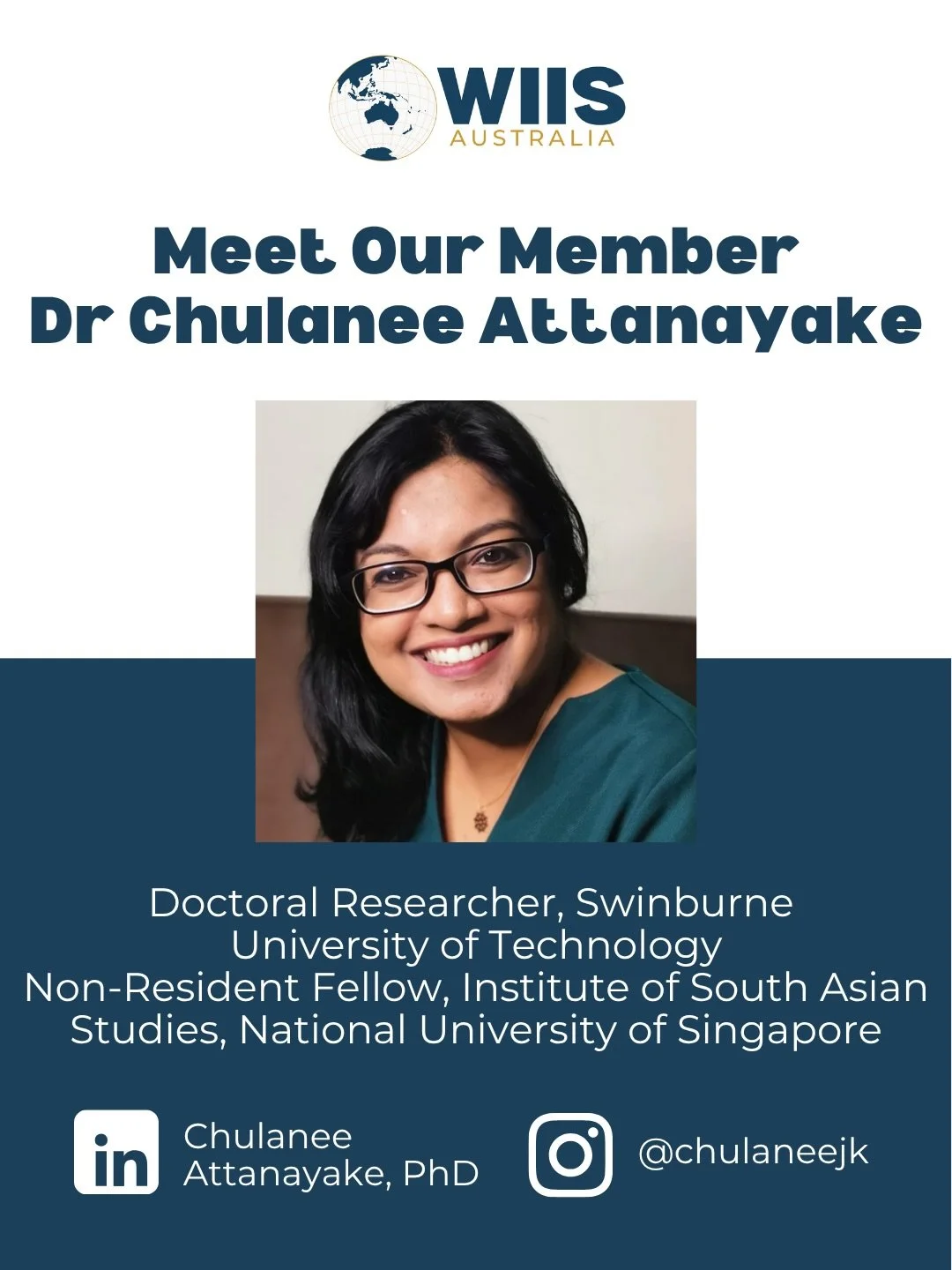 ✨ MEET OUR MEMBER: DR CHULANEE ATTANAYAKE✨

This week, #WIISA is pleased to spotlight our member, Chulanee Attanayake, PhD 🎉

Chulanee&rsquo;s research focuses on geopolitics and security in the Indo-Pacific, in particular small states, maritime sec