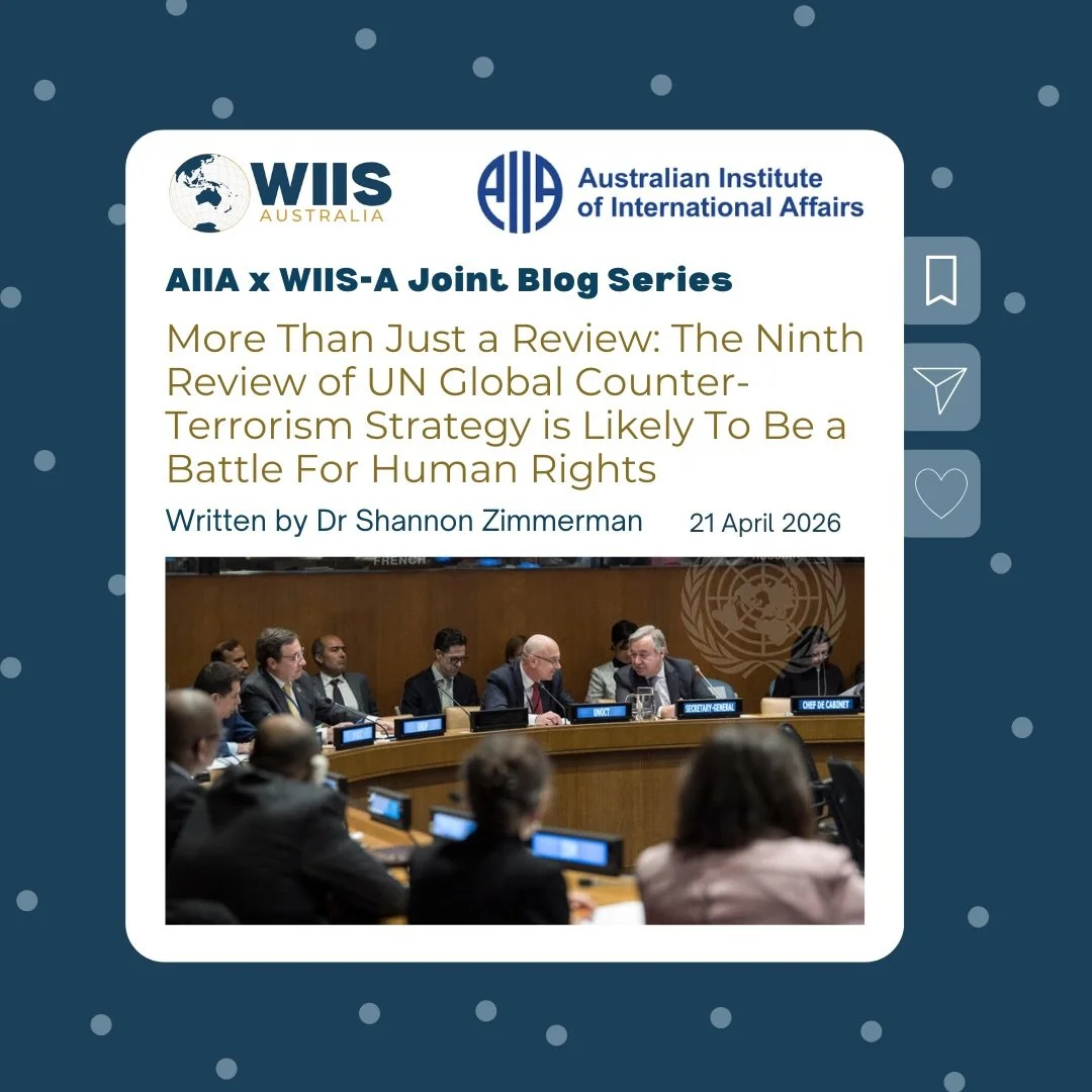 📢 NEW JOINT BLOG: Women WIIS-A X AIIA 📢
 
Check out our latest blog written by #WIISA Deputy President Dr. Shannon Zimmerman

In this timely analysis, Dr. Zimmerman explores the future of the United Nations Global Counter-Terrorism Strategy as it m