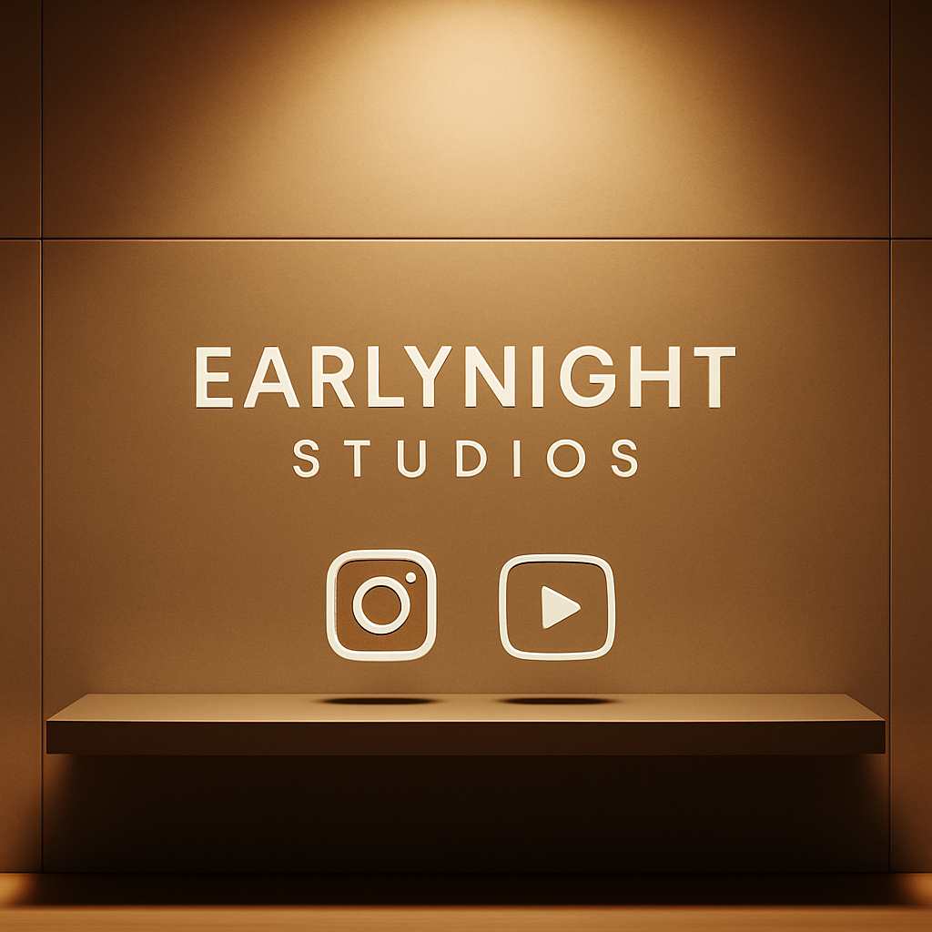 Sign for EarlyNight Studios with Instagram and YouTube icons.