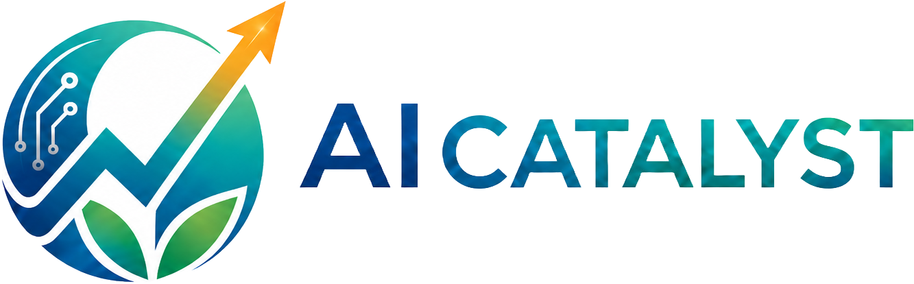 Logo with a globe, upward arrow, and circuit lines, with the text "AI Catalyst".