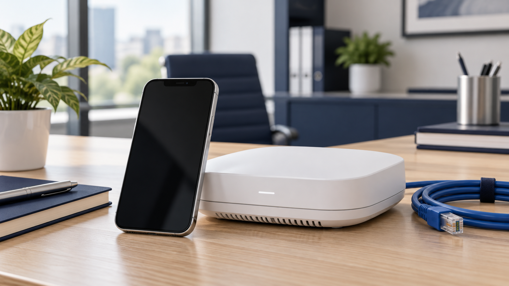 Smartphone beside a wireless access point and Ethernet cable on an office desk.