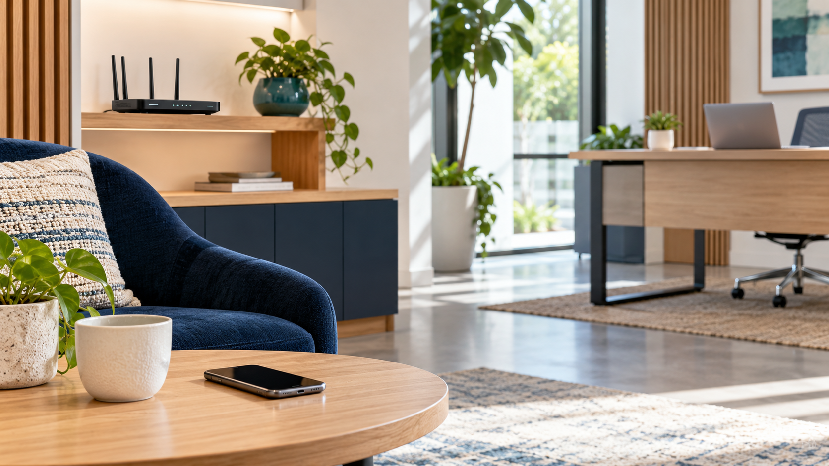 Visitor smartphone in a lounge area separated from a staff laptop and office router.