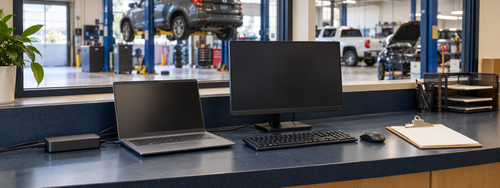 Laptop, docking station, and blank monitor at a service counter overlooking auto repair bays.
