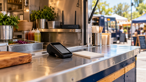 Payment terminal and order pad on a food-truck counter with a cellular router on an interior shelf.