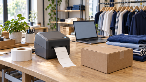 Compact label printer, spare label roll, laptop and folded clothing on a boutique packing bench.