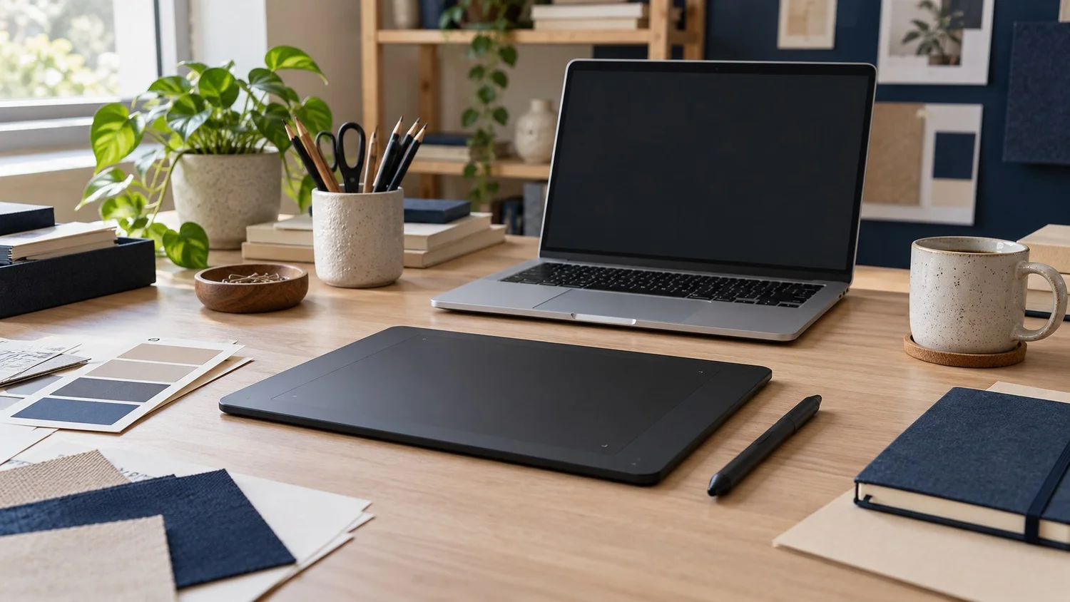 Screenless pen tablet and stylus beside a laptop, color swatches and sketchbook on a design-studio desk.