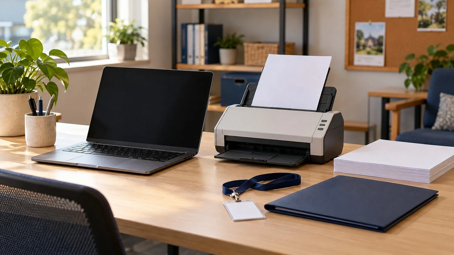 Laptop, desktop document scanner, blank forms and a volunteer badge on a community-office intake desk.