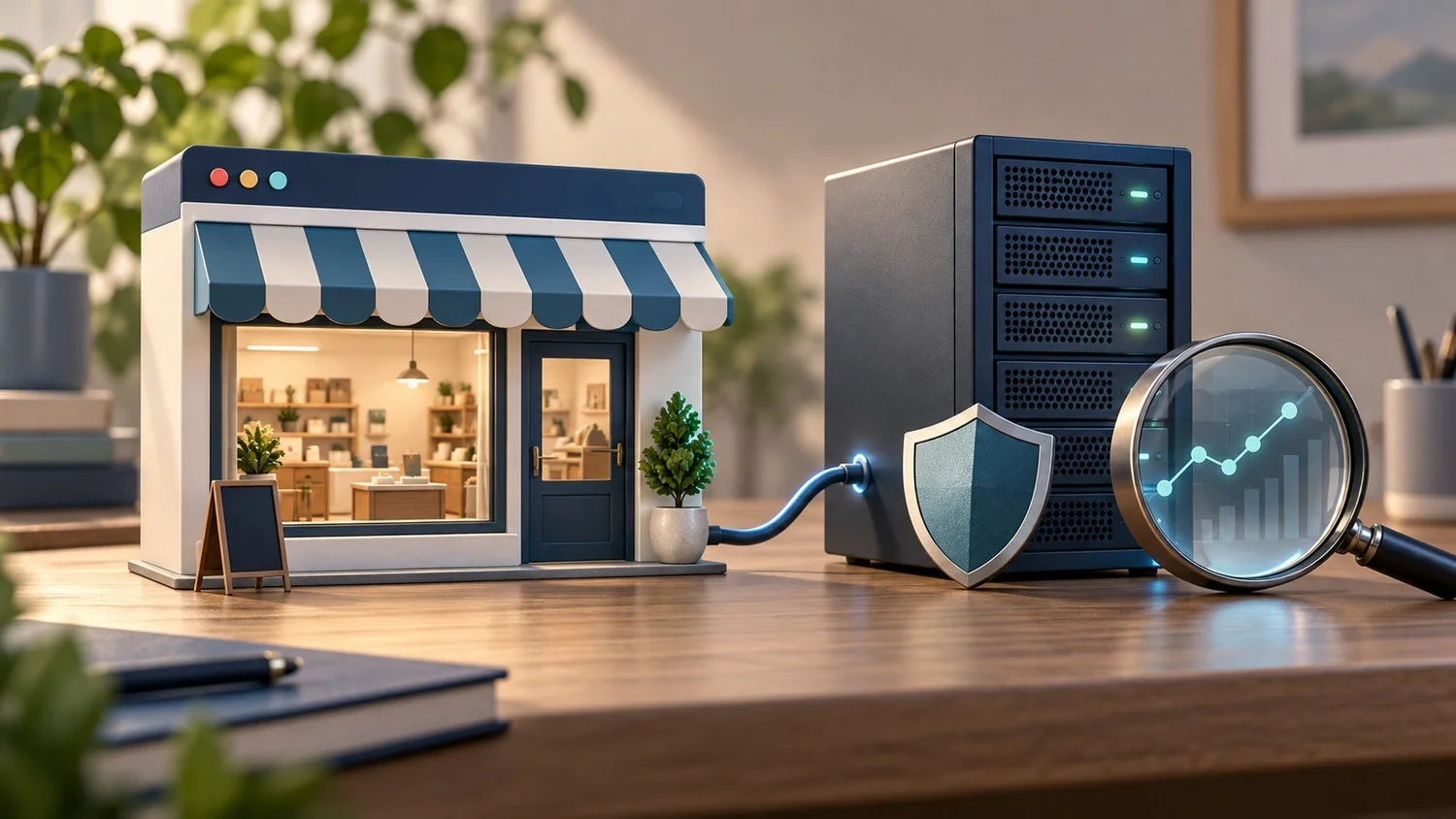 Conceptual small-business website connected to a server beside a shield and magnifying glass.