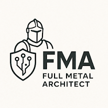 Logo of an organization called 'FMA Full Metal Architect' featuring a knight's helmet and a shield with circuitry design.
